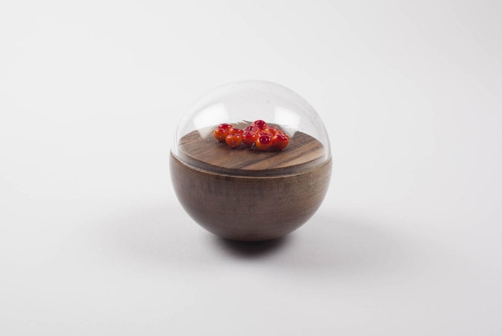 Un/Natural 7 Half wood, half glass orbs with glass lichen inside